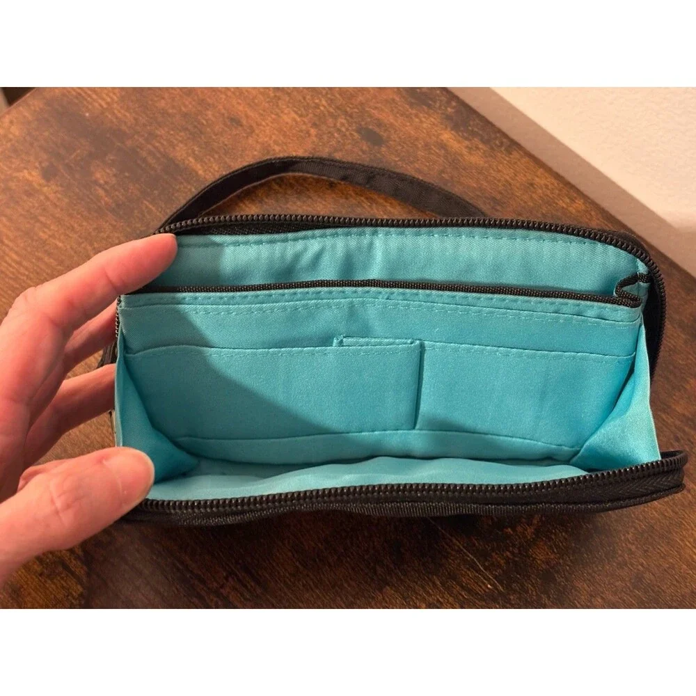 Travelon Wallet Clutch Wristlet Zip around Wrist Strap Black Turquoise Lining